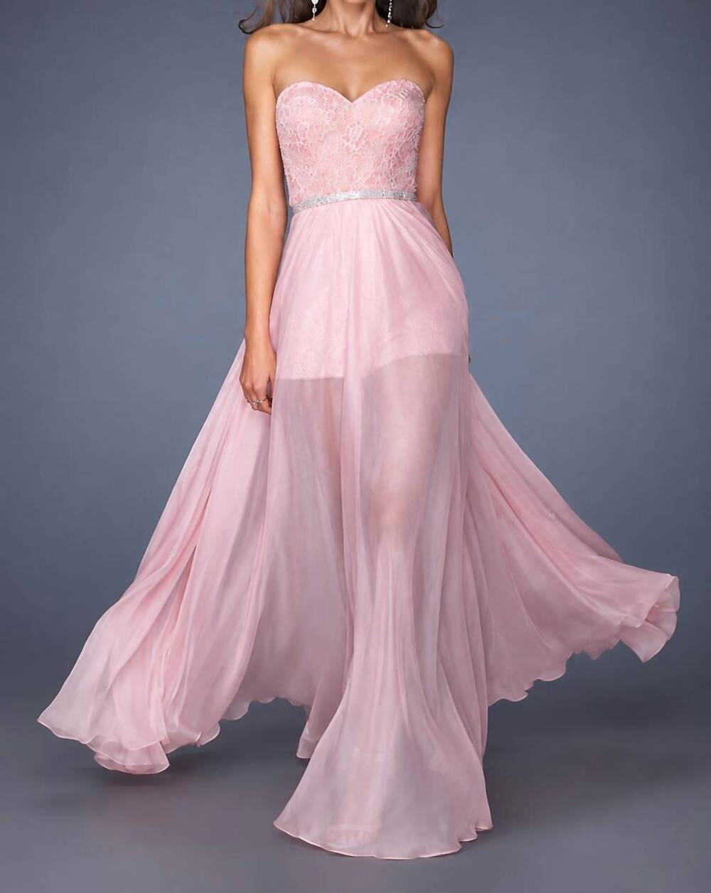 NEW LA FEMME strapless prom dress in cotton candy pink